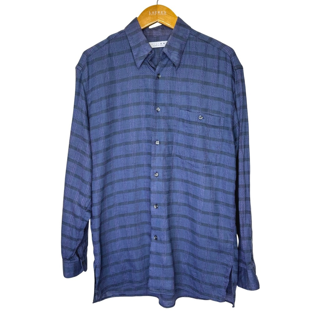 Equilibrio Button Front‎ Shirt Mens Medium Blue/Purple Windowpane
